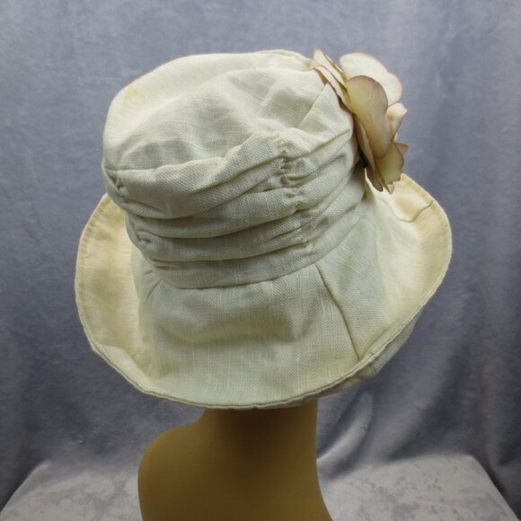 Vtg Cream Off-White Women\'s Summer Hat Linen Rouched Made in Hong Kong Flower M main image 10